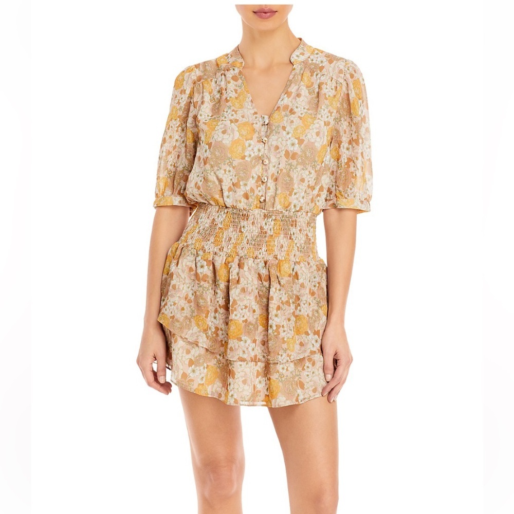 AQUA RETRO FLORAL PRINT SMOCKED DRESS, Yellow/Gold, Size Small